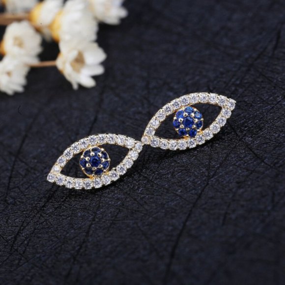 Gold and Blue CZ Evil Eye Stud Earrings - Picture 2 of 3